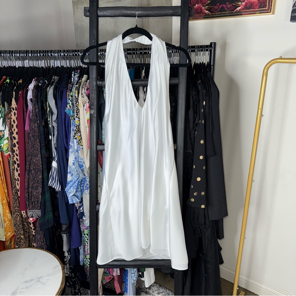 Show Me Your Mumu Jasmine Halter Mini Dress Ivory Luxe Satin Womens XL New NWT - Picture 6 of 17